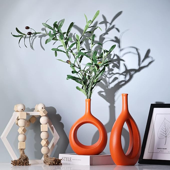 Orange Ceramic Vase Set 2,Modern Hollow Circle with Hole Flower Vase for Home Decor,for Table Centerpieces,Farmhouse,Fire Place,Living Room,Bedroom,Office,Bookshelf,Rustic Decor