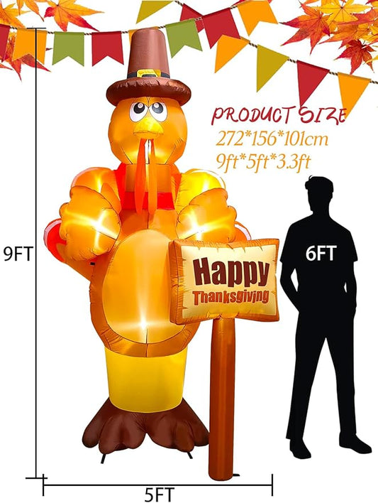 9FT Thanksgiving Turkey Inflatable with LED Light, Kalolary Fall Turkey Blow up Inflatable Happy Thanksgiving Day Outdoor Decoration Autumn Lawn Yard Inflatable for Harvest Day Home Thanksgiving Party