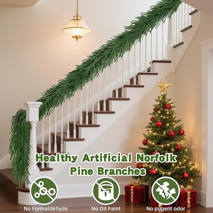2 Pcs 6 FT Norfolk Pine Garland Artificial, Realistic Christmas Greenery for Mantle Table Wall, Real Touch Winter Pine Garland for Christmas Indoor Outdoor Decor