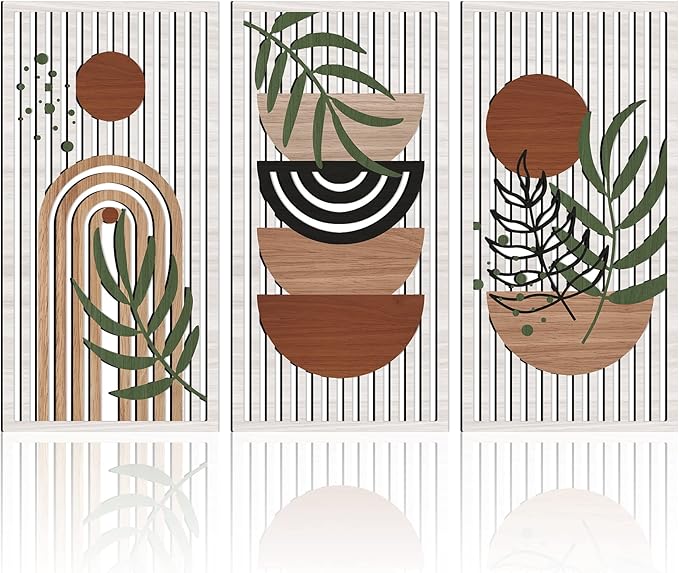 IARTTOP Large Boho Wood Wall Art Abstract Mid Century Wall Art Geometric Boho Wall Decor for Living Room Bedroom Office 16x32 Inch Set Of 3