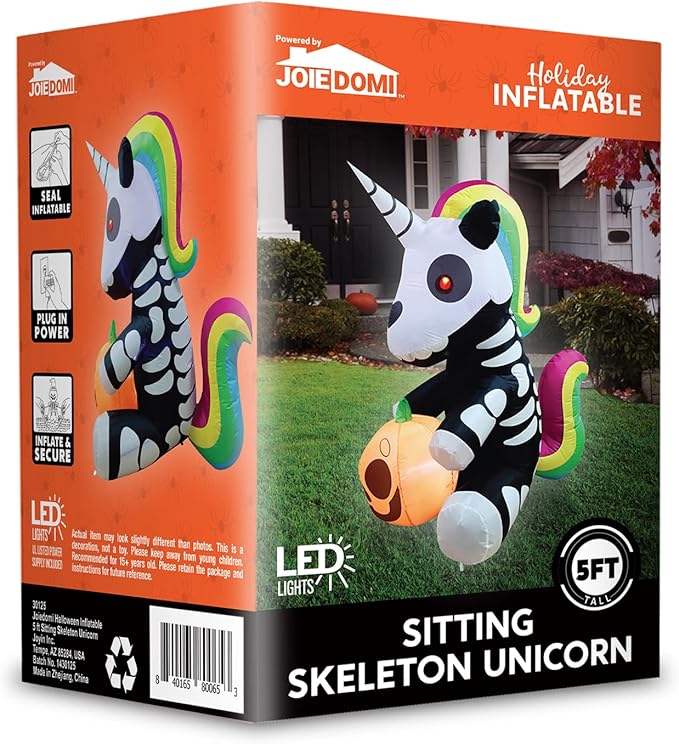 Joiedomi 5 FT Halloween Inflatables Skeleton Decor Outdoor, Blow Up Decorations Sitting Skeleton Unicorn with LEDs for Halloween Decorations Outside, Yard Decor
