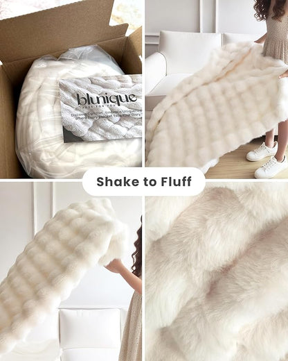 Ultra Soft Cozy Faux Fur Throw Blanket, Fuzzy Plush Thick Bubble Blanket, Oversize Luxury Fluffy Blanket for Couch, Bed, and Living Room, 60x80 Inches, Off White