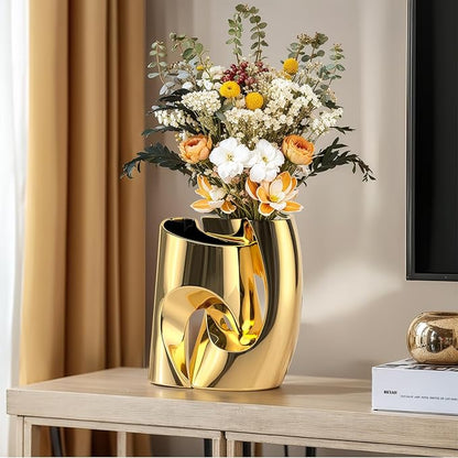 Ceramic Vases Set of 2 - Modern Vase for Nordic Minimalist Book Style Shelf Decor, Hollow Round Pampas Flower Vases for Boho Home Wedding Party Room Dinner Table Shelf Decor (Gold)