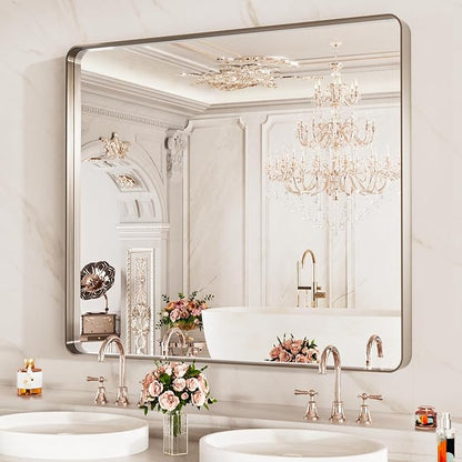 LOAAO 40X24 Inch Brushed Nickel Bathroom Mirror, Rounded Rectangle Silver Metal Frame Mirror, Brushed Nickel, Anti-Rust, Hangs Horizontally or Vertically