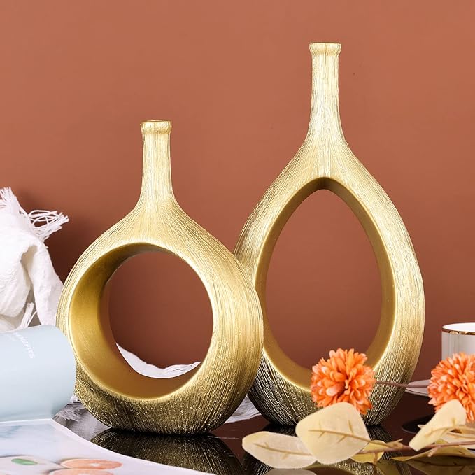 Brushed Gold Ceramic Vase Set 2,Modern Hollow Circle with Hole Flower Vase for Home Decor,for Table Centerpieces,Farmhouse,Fire Place,Living Room,Bedroom,Office,Bookshelf,Rustic Decor
