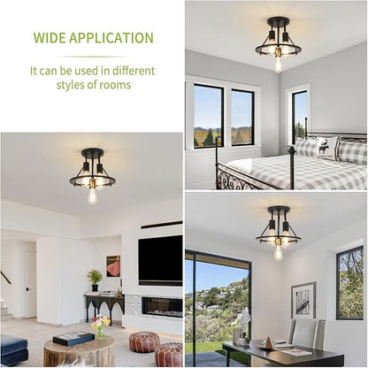 WILON Semi Flush Mount Ceiling Light 3-Light Ceiling Light Fixtures - Black Hallway Light Fixtures Farmhouse Industrial Kitchen Light Fixtures E26 Socket Ceiling Lamp for Foyer