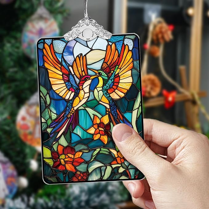 Birds Stained Glass Ornament, 2025 Christmas Tree Hanging Decoration for Gift Exchange or Stocking Stuffer, Holiday Decor, 3.8 x 2.4 Inch