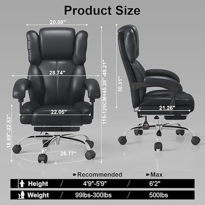 Big and Tall Office Chair, Ergonomic Leather High Back Executive Computer Chair with Retractable Footrest, Adjustable Headrest, Padded Arms, 360°Swivel Free, 90-135°Reclining, 500lbs Wide Seat, Black
