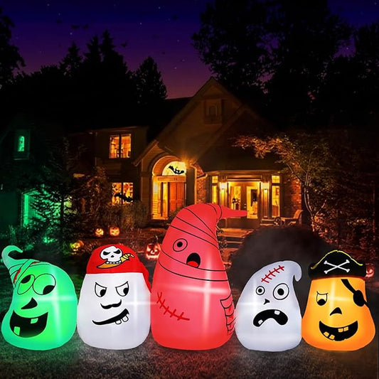 B&D 8FT Long Halloween Inflatables Ghost Outdoor Decorations, 5 Pirate Ghosts Inflatable Halloween Decorations with Color Changing RGB Lights Halloween Blow Ups for Party, Garden, Yard, Lawn Decor