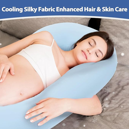 Cooling Pregnancy Pillow Cover (ONLY Pillowcase), Q-Max 0.4 C Shaped Luxurious Smooth Maternity Pillow Cover with Hidden Zip, Cool Large Pillow Protector for Side Hot Sleeper, Blue, 60x34 in