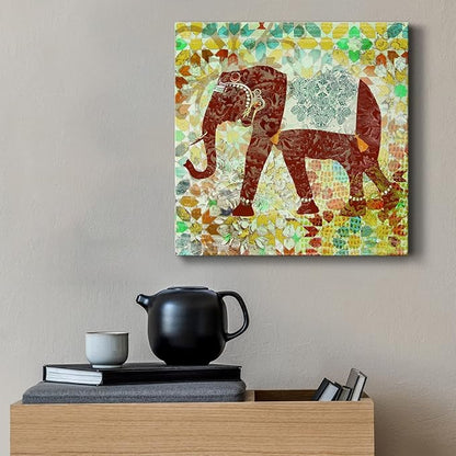 Cute Animals Artwork Abstract Colorful Painting Wall Art on Canvas, Bali Elephant Wall Art, Ready to Hang, 10'' x 10''