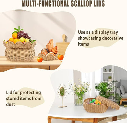 3 Pcs Scalloped Basket With Lid, Hand Woven Plastic Wicker Basket Set, 16 x 12 x 6 In Decorative Scalloped Edge Basket for Storage Food, Clothes, Toys, Picnic Table Bathroom Decor (S+M+L)