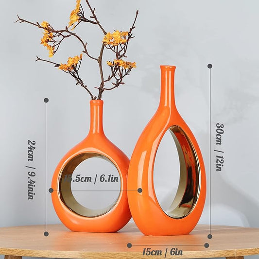 XMGZQ Ceramic Orange and Gold Vase Set of 2, Modern Vases for Home Decor, Centerpieces, Housewarming Gift, Living Room Dining Table, Flowers