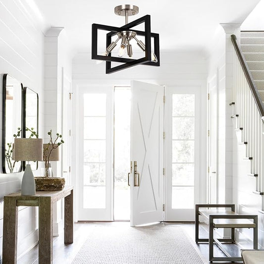 Semi-Flush Mount Ceiling Light - Modern Industrial Light Fixture Black and Brushed Nickel Chandelier,4-Light Farmhouse Ceiling Lamp for Kitchen Foyer Entryway Hallway Bedroom Closet