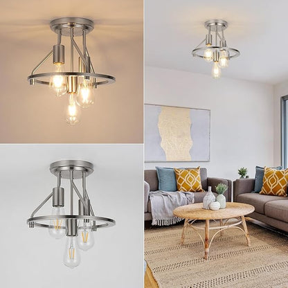 WILON Brushed Nickel Semi Flush Mount Ceiling Light - 3-Light Ceiling Light Fixtures Farmhouse Kitchen Light Industrial Hallway Light Fixtures E26 Socket Ceiling Lamp for Hallway Kitchen Foyer