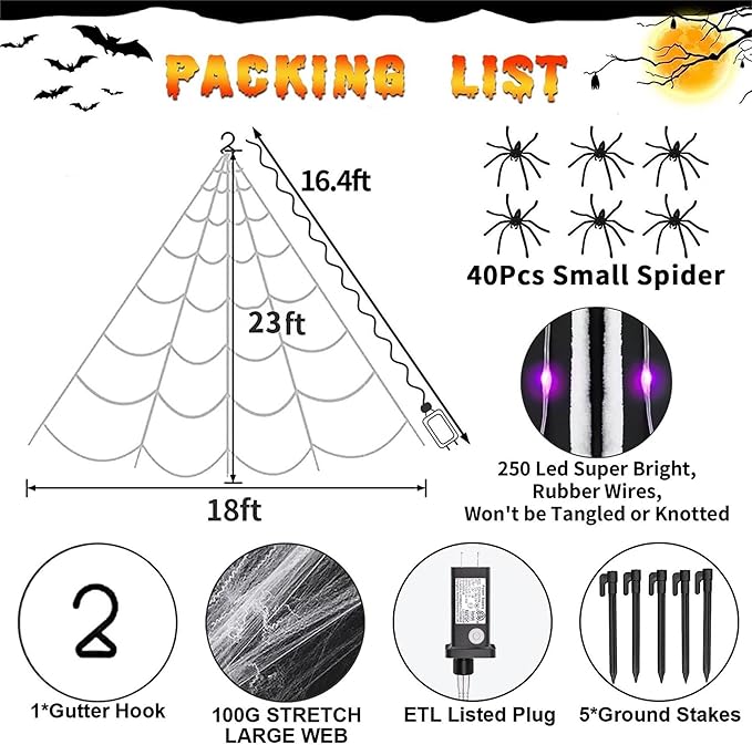 Halloween Decorations Outdoor, 250LED 23x18 FT Giant Spider Web with Purple Lights, Lighted Triangular Black Spider Web with Sturdy Wire, Waterproof, Timer, 8 Modes for Yard Halloween Décor