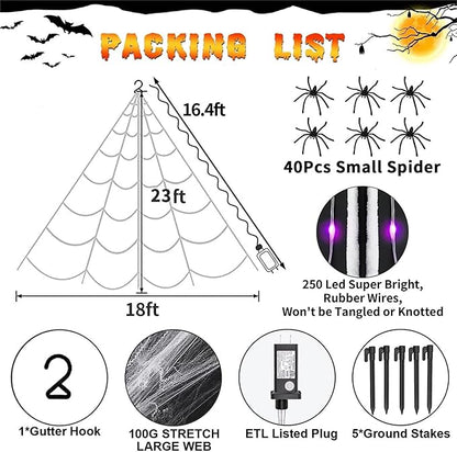 Halloween Decorations Outdoor, 250LED 23x18 FT Giant Spider Web with Purple Lights, Lighted Triangular Black Spider Web with Sturdy Wire, Waterproof, Timer, 8 Modes for Yard Halloween Décor