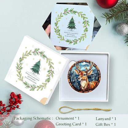 Elk Winter Ornament Round Ceramic Stained Glass Style Ornament Xmas Keepsake for Christmas Tree Winter Holiday Xmas Gift for Women Men Xmas Hanging Ornament 3"
