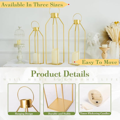 HPC DECOR Modern Farmhouse Lantern Decor- 22''19''16''Tall Large Gold Metal Candle Lanterns for Home Decor-Lanterns Decorative w/Timer Flickering Candles for Living Room,Outdoor,Fireplace Mantle Decor