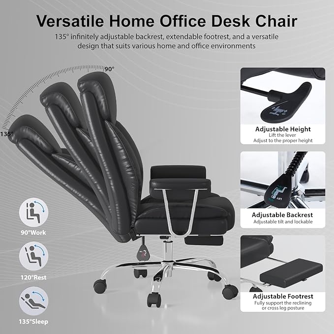Big and Tall Office Chair, Ergonomic Leather High Back Executive Computer Desk Chair with Retractable Footrest and Padded Arms, 360°Swivel Free, 90-135°Reclining, 500lbs Wide Seat, Black