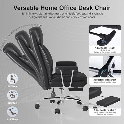 Big and Tall Office Chair, Ergonomic Leather High Back Executive Computer Desk Chair with Retractable Footrest and Padded Arms, 360°Swivel Free, 90-135°Reclining, 500lbs Wide Seat, Black