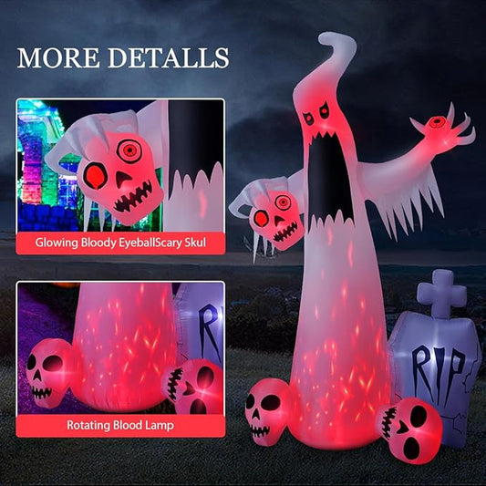 12 FT Halloween Inflatables Outdoor Halloween Blow Up Yard Decorations Horror White Ghost with 3 Skull Heads Bleeding Eyeball Tombstone Halloween Decorations Clearance for Party Yard Garden