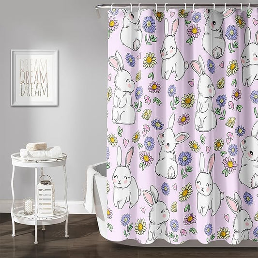 AILONEN Rabbit Bunny Shower Curtain for Bathroom,Cute Animal Shower Curtain Colorful Flower Decor Bath Curtain 36" W*72" H Polyester Fabric Waterproof Bathroom Bathtub Curtain with 12 Hooks