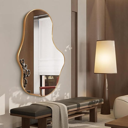 Irregular Wall Mirror - Wall Mirrors Decorative 26"x 43" Asymmetrical Abstract Mirror Aviation Aluminum Alloy Frame Unique for Bathroom, Bedroom, Living Room, Cloakroom, Entryway Gold