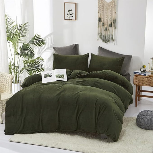 Cottonight Army Green Velvet Comforter Set - Queen Size, Olive Green Plush Fluffy Bedding, Dark Green Blanket, Modern Winter Warm 3 Piece Set for Women & Men