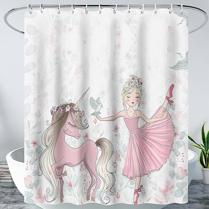 AILONEN Unicorn Shower Curtain, Cartoon Unicorn with Ballerina Girl Shower Curtain Set for Girls Teens Kids,Watercolor Pink Flowers Fabric Shower Curtain for Bathroom,72" W*96" H