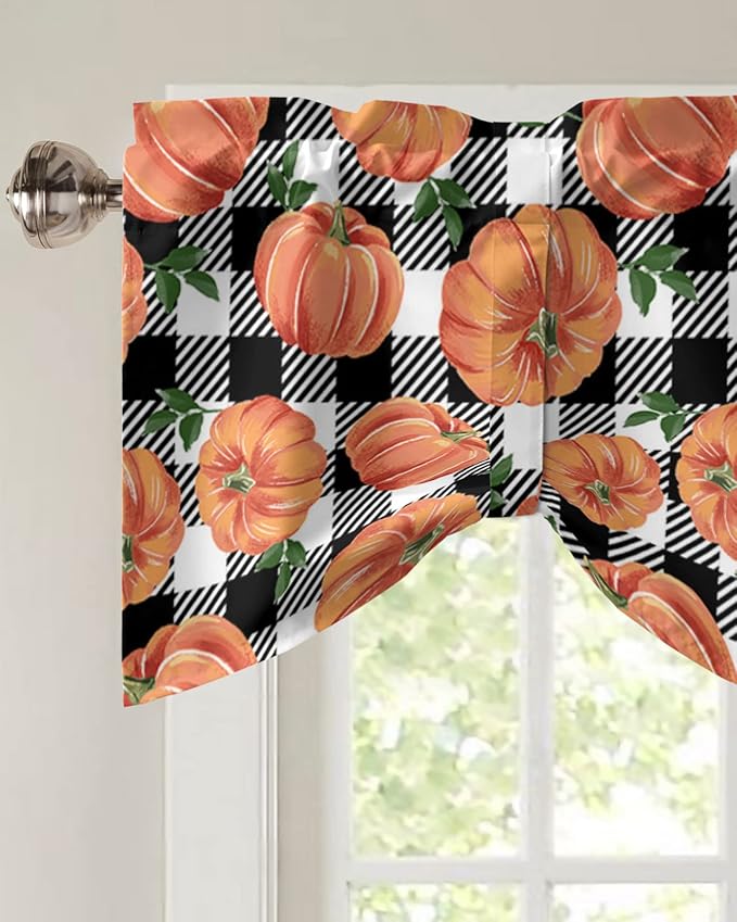 Fall Blackout Tie Up Valance Curtains for Kitchen Windows Thanksgiving Halloween Pumpkins Window Toppers Balloon Shades for Living Room/Bathroom/Bedroom,60" X 18" Farmhouse Black White Buffalo Plaid