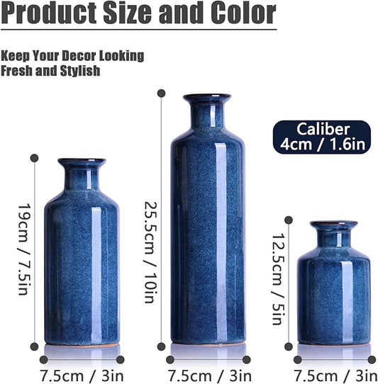 Navy Blue Ceramic Vases Set 3,Modern Farmhouse for Home Decor Bottles,Small Rustic Terracotta Vase for Living Room,CoffeeTable Centerpieces,Fireplace,Entrance,Bookshelf,Dark Blue Coastal Decor