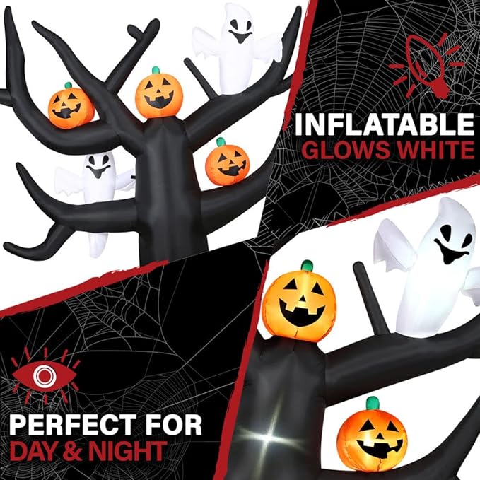 Haunted Hill Farm 8-Ft. Inflatable Spooky Halloween Tree with Ghosts, Pumpkins and LED Lights | Festive Holiday Blow-Up Decorations | Blower, Ropes, and Stakes Included | HISPKYTREE081-L
