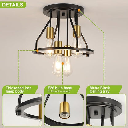 WILON Semi Flush Mount Ceiling Light 4-Light Ceiling Light Fixtures - Black Gold Farmhouse Kitchen Light Industrial Hallway Light Fixtures Ceiling Lamp for Hallway Kitchen Foyer (E26 Socket)
