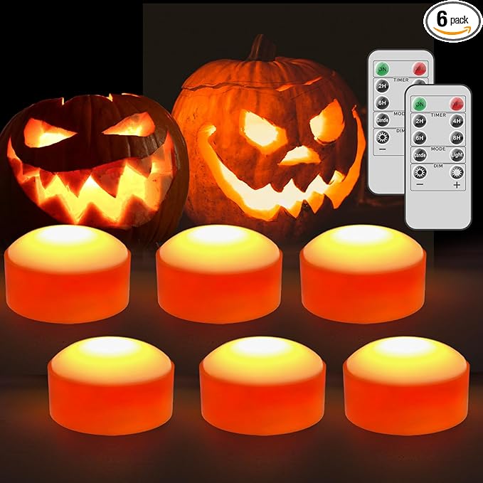 Halloween LED Pumpkin Lights, 6 Pack Battery Operated Jack-O-Lantern Lights with Remote Control and Timers, Orange Flickering Flameless Candles Ideal for Halloween Pumpkin Decorations