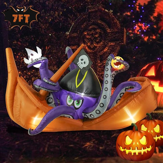 7 FT Long Halloween Inflatable Octopus Corsair Outdoor Decoration, Holiday Decorations Built-in White LED Light Blow Up Halloween Decorations for Yard, Garden, Lawn,Holiday, Party