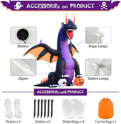 DomKom Halloween Inflatable Blow Up Decorations, 7FT Dragon Steps on Pumpkin and Skull, Built-in LEDs for Holiday Party, Garden, Lawn, Yard, Patio Décor