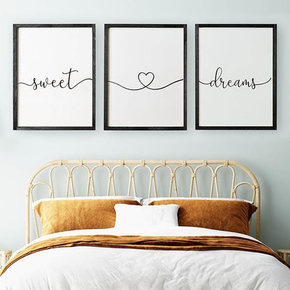 Set of 3 Framed Farmhouse Sweet Dreams Sign 11x14” Above Bed Wall Decor for Bedroom Decor Wall Art Wood Signs (11"x14", Black)