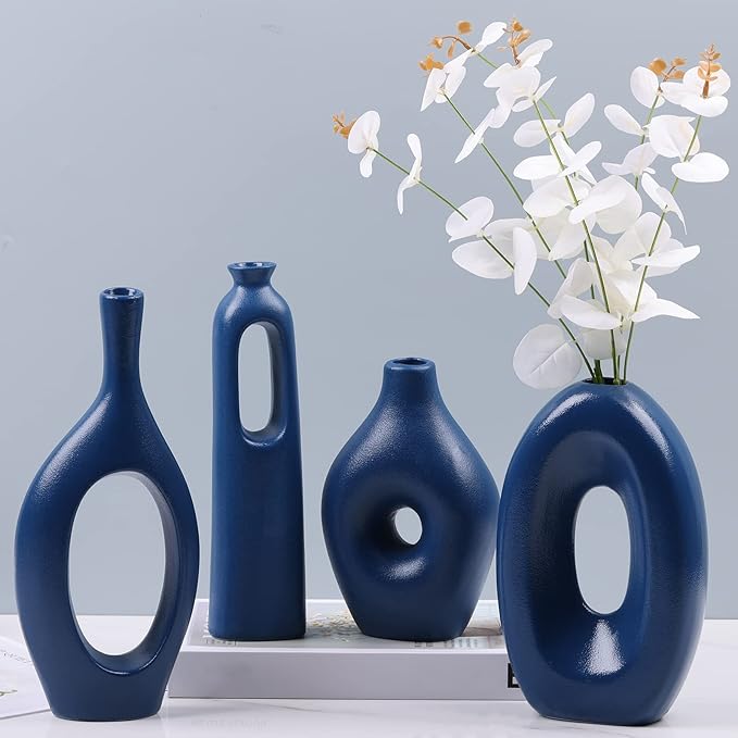 Blue Ceramic Vase Set - Round Hollow Vases for Pampas Grass & Flowers - Modern Minimalist Centerpieces for Living Room, Entryway & Dining Table, Navy Blue Color
