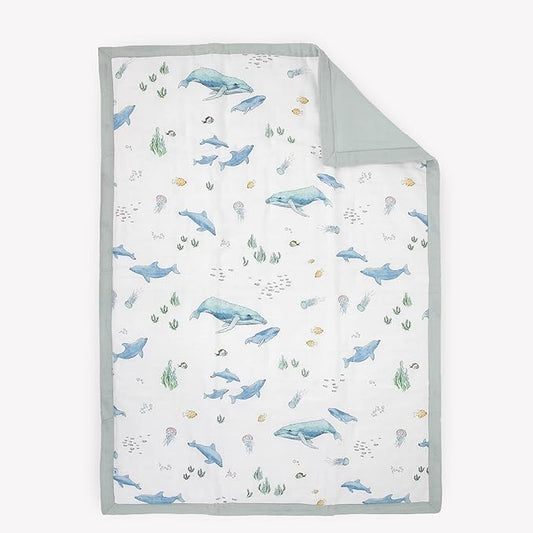 Little Unicorn Lofty Comforter Blanket | Super Soft & Breathable Muslin Fabric| Great for Play & Bedtime Blanket (Whales)