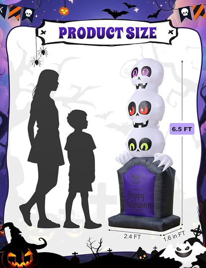 Halloween Inflatables Outdoor Decoration, Pumpkin/Tombstone/Black Cat/Ghost Tree, Cute Blow Up Yard Decor, for Outside Garage Door Graveyard Yard Porch Lawn (6.5FT Ghost+Tombstone)
