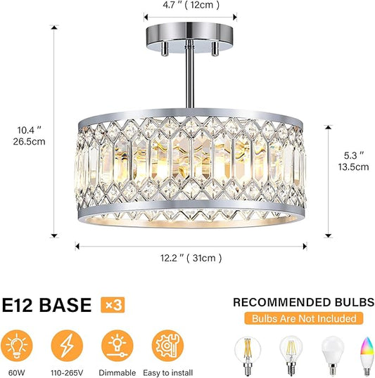 Crystal Ceiling Light Fixture, Modern Semi Flush Mount Ceiling Light, Chrome Lighting Ceiling Chandelier for Kitchen, Bedroom, Dining Room, Hallway, 3-Light, 12.2 Inch
