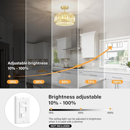Crystal Ceiling Light Fixture, Modern Semi Flush Mount Light, Gold Lighting Fixtures Ceiling Chandelier for Kitchen, Bedroom, Dining Room, Hallway, 3-Light, 12.2 Inch