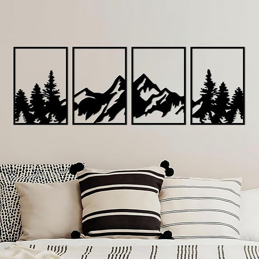 ESTART Large Mountain Wall Art - 4 Pcs Metal Wall Decor, Suitable For Living Room, Bedroom, Office (Mountain Forest)