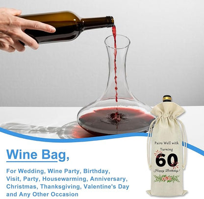 60th Birthday Gift for Women Men Happy 60th Birthday Decorations Wine Bag 60 Years Old Birthday Gift Ideas for Friends Dad Mom Husband Wife Pairs Well with Turning 60 Sixty Birthday Wine Bottle Bag