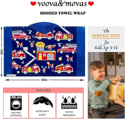 VOOVA & MOVAS Kids Bath Towels Age 3-10, Soft | Thick | 100% Cotton, Beach | Pool | Bath | Swim Towels | Cover Up for Boys, Blue Fire Truck Theme