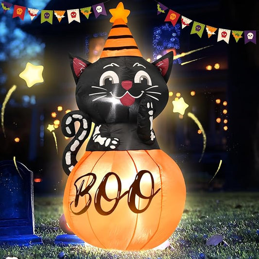 4FT Halloween Inflatable Decor Pumpkin Cat Helloween Blow Up Decoration with LED Lights Indoor Outdoor Yard Graden Party Holiday Decor