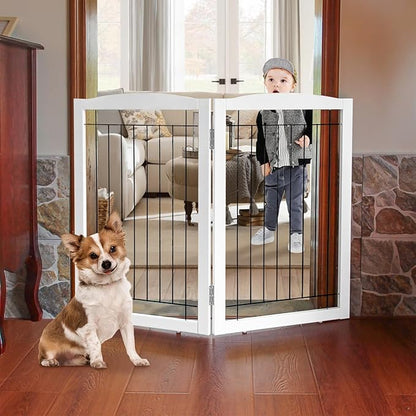 ZJSF Freestanding Foldable Dog Gate - Extra Wide Wooden White Puppy Gate - 2 Panels Pet Fence