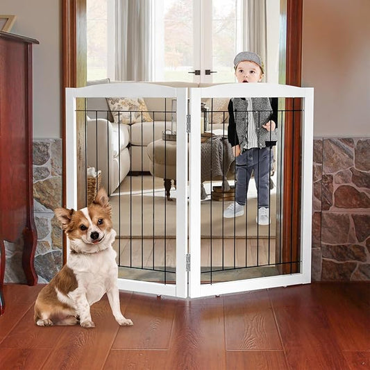 ZJSF Freestanding Foldable Dog Gate - Extra Wide Wooden White Puppy Gate - 2 Panels Pet Fence