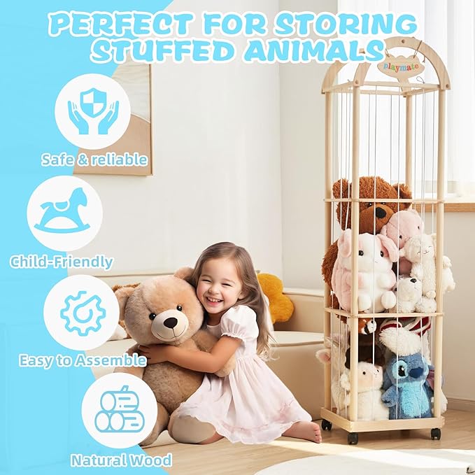 Stuffed Animal Storage & Organizer, 61" High Wooden Zoo Toy Holder for Toddler Rooms, Playrooms & Bedrooms